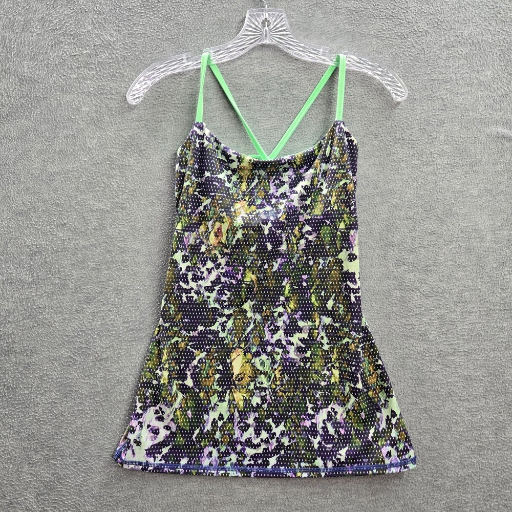 Lululemon Women Activewear Tank Top 4 Purple Dancing Warrior Floral Built in Bra